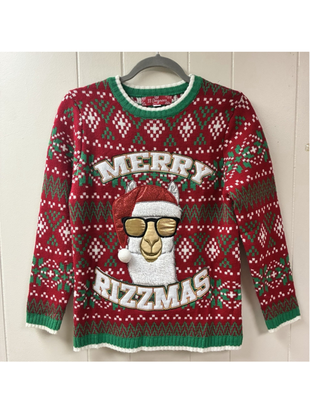 33 Degrees Mens Sweater Medium Green Red White Llama Ugly Christmas Holiday